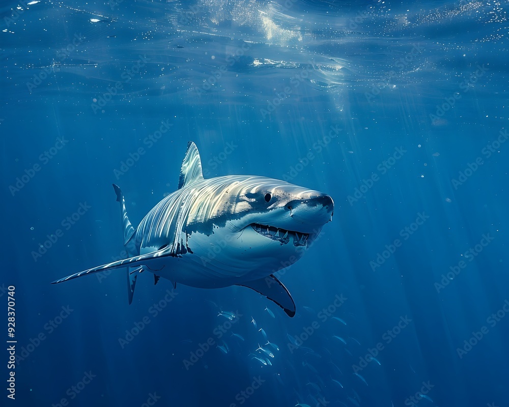 Fototapeta premium Majestic Great White Shark Gliding Through the Depths of the Blue Ocean