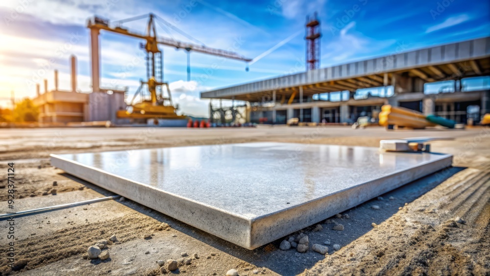 Freshly cut concrete slab with clean edges and smooth finish, revealing aggregate texture, against a blurred construction site background with scattered tools. Freshly cut concrete slab with clean edges and smooth finish, revealing aggregate texture, against a blurred construction site background with scattered tools.