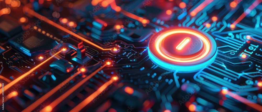 A computer chip with a red and blue circle on it A computer chip with a red and blue circle on it