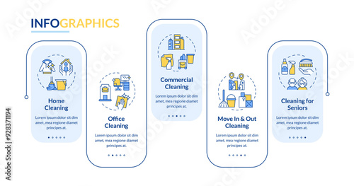 Commercial cleaning services rectangle infographic vector. Housekeeping, office janitorial work. Data visualization with 5 steps. Editable rectangular options chart. Lato-Bold, Regular fonts used