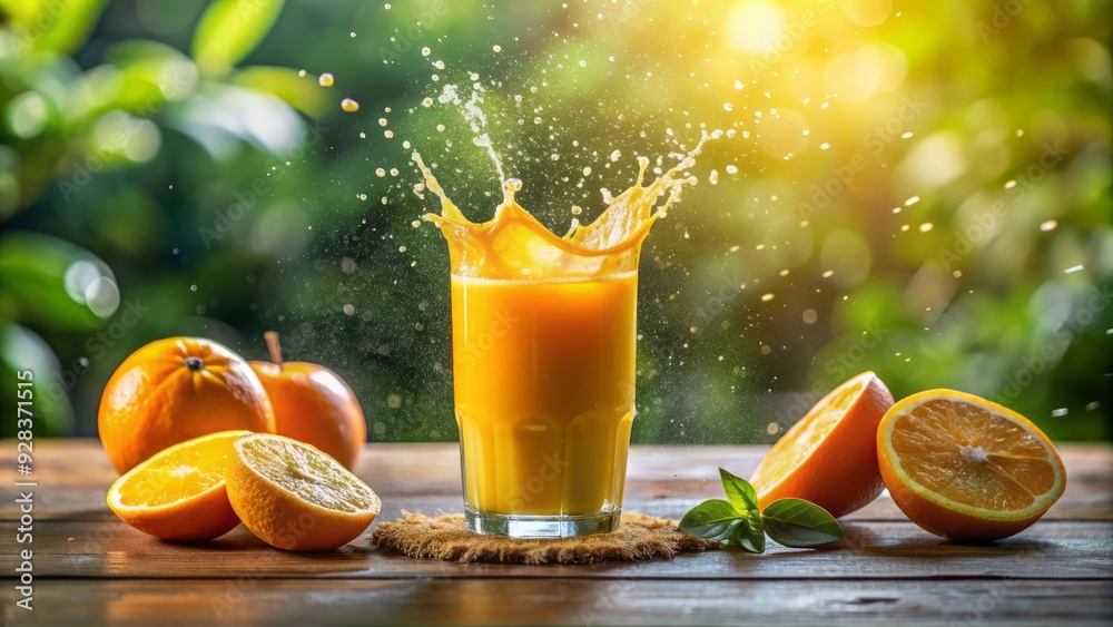 Freshly squeezed orange juice overflows from a tall glass, splashing vibrant droplets on the table, surrounded by a refreshing morning atmosphere. Freshly squeezed orange juice overflows from a tall glass, splashing vibrant droplets on the table, surrounded by a refreshing morning atmosphere.