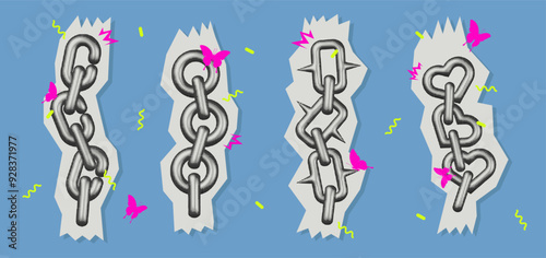 Set of metal chains with color halftone effect. Y2k retro decorative elements for design. Vector illustration.