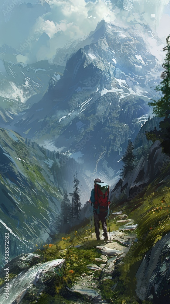A man is walking on a path in the mountains A man is walking on a path in the mountains