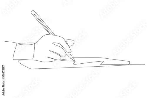 Hand writing with pencil on paper. Pencils and pens concept one-line drawing