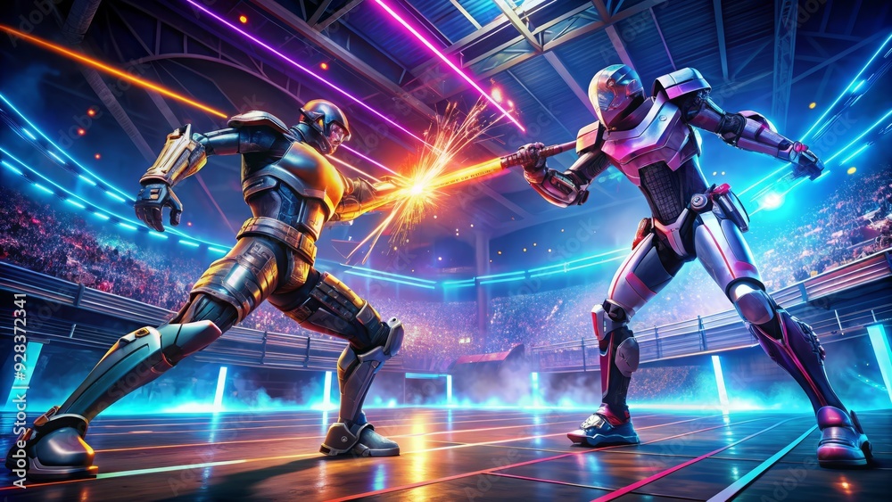 Futuristic arena lit with neon lights, two metallic robots clash in an epic battle, sparks flying as they exchange powerful laser blasts and mechanical fists. Futuristic arena lit with neon lights, two metallic robots clash in an epic battle, sparks flying as they exchange powerful laser blasts and mechanical fists.
