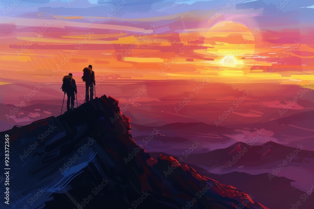 Two people are standing on a mountain top, looking out at the sunset Two people are standing on a mountain top, looking out at the sunset