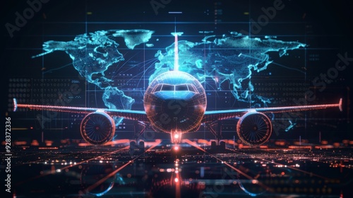 Futuristic Digital Airplane with World Map