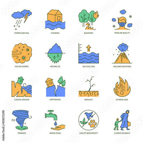 Global warming line icon set