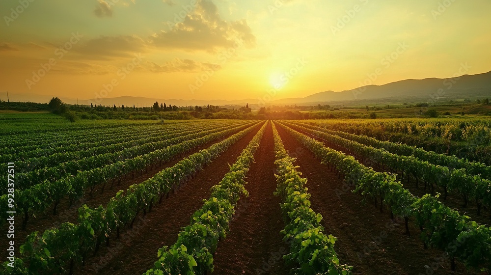 beautiful view in a green farm field with rows of rural plants and vegetables with amazing sunset or sunrise on background of agricultural landscape. Generative ai beautiful view in a green farm field with rows of rural plants and vegetables with amazing sunset or sunrise on background of agricultural landscape. Generative ai