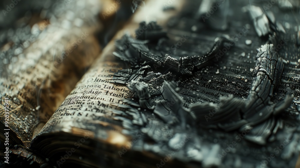 A book is open to a page with a large, black, burnt out lettering A book is open to a page with a large, black, burnt out lettering