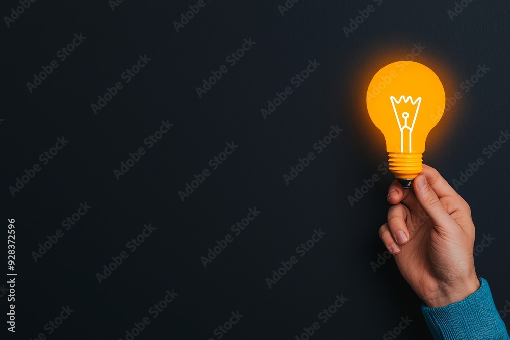 A hand holds a glowing light bulb symbolizing ideas and creativity against a dark background. A hand holds a glowing light bulb symbolizing ideas and creativity against a dark background.
