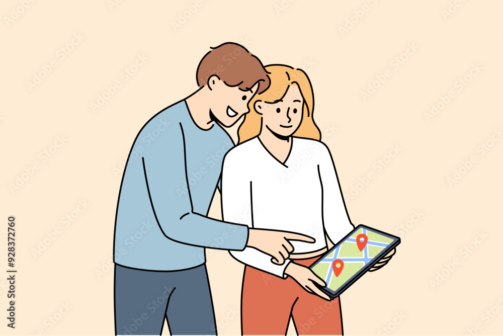 Digital maps are used by man and woman to plot route while traveling to