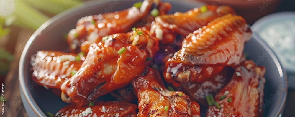 Spicy buffalo wings with blue cheese dip, 4K hyperrealistic photo Spicy buffalo wings with blue cheese dip, 4K hyperrealistic photo