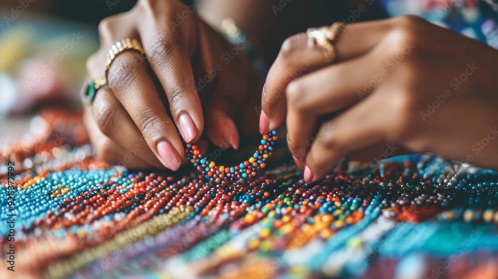 Close-up of hands crafting a delicate beaded bracelet, tiny beads being threaded into a beautiful pattern, bright and organized workspace
