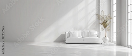 A white living room with a couch and a potted plant
