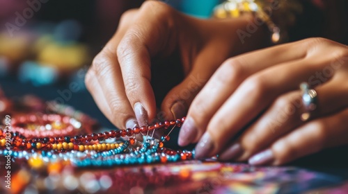 Close-up of hands crafting a delicate beaded bracelet, tiny beads being threaded into a beautiful pattern, bright and organized workspace