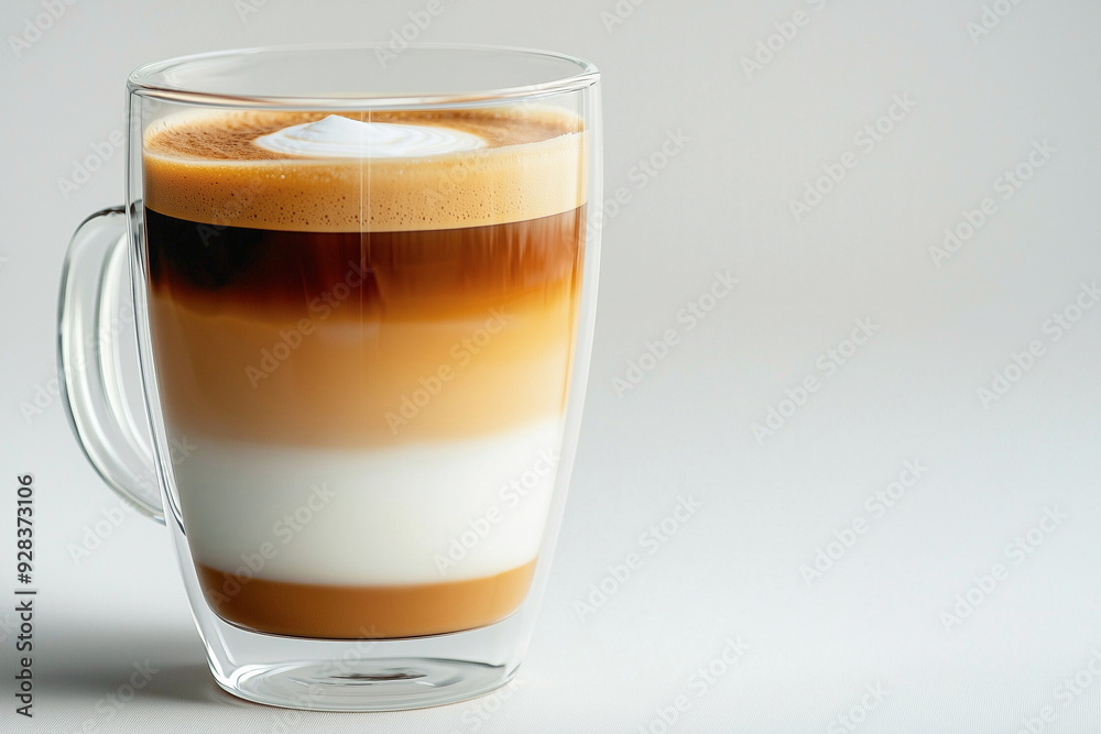 Layers of coffee caramel macchiato in a glass cup on gray background. Layers of coffee caramel macchiato in a glass cup on gray background.