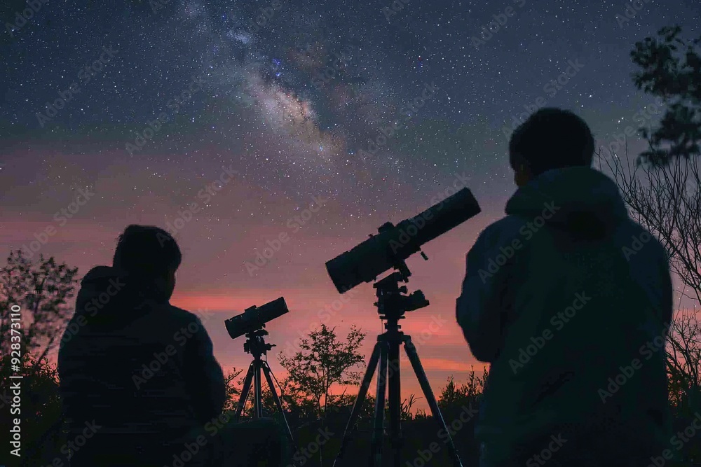 A group of students studying astronomy during an outdoor night session, using telescopes to observe the stars A group of students studying astronomy during an outdoor night session, using telescopes to observe the stars
