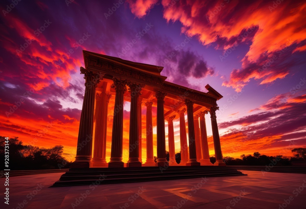 Obraz premium striking silhouette columns vibrant sunset sky fiery hues dramatic cloud patterns, architecture, clouds, orange, pink, blue, light, dusk, evening, landscape