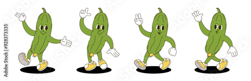 Cucumber retro groovy style. Groovy retro characters of cucumber.