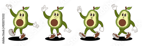 Avocado retro groovy style. Groovy retro characters of avocado.