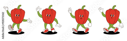 Bell pepper in retro groovy style. Groovy retro characters of bell pepper.
