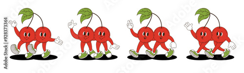 Cherry in retro groovy style. Groovy retro characters of cherry.