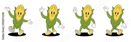Corn retro groovy style. Groovy retro characters of corn.
