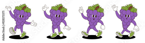 Grape in retro groovy style. Groovy retro characters of grape.