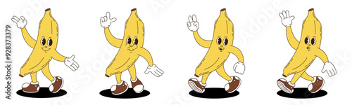 Banana in retro groovy style. Groovy retro characters of banana.