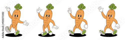 Carrot retro groovy style. Groovy retro characters of carrot.
