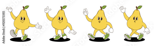 Pear in retro groovy style. Groovy retro characters of pear.