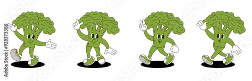 Broccoli retro groovy style. Groovy retro characters of broccoli.