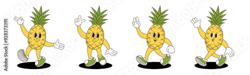 Pineapple in retro groovy style. Groovy retro characters of pineapple.