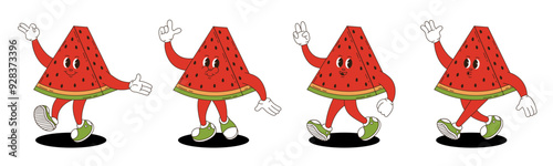 Watermelon in retro groovy style. Groovy retro characters of watermelon.