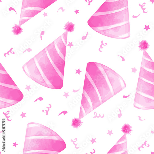 Pink background with party paper hats and confetti. Vector watercolor seamless pattern