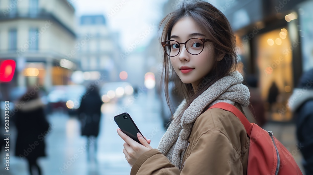 Young woman with glasses standing on a busy urban street while using her smartphone on a rainy day Young woman with glasses standing on a busy urban street while using her smartphone on a rainy day