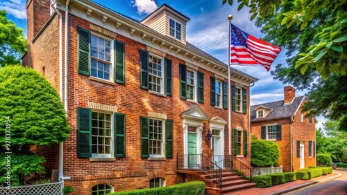 Historic brick colonial-era building with ornate brickwork, wooden shutters, and classic American flag standing tall amidst lush greenery in a quaint Virginia town.