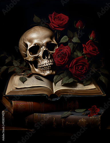 A dark and moody still life featuring a skull, red roses, and vintage books, embodying the dark academia aesthetic. The rich shadows and deep colors create a gothic, mysterious atmosphere.