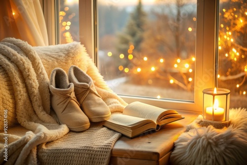 Cozy reading nook warm cream-colored slippers plush throw blanket soft golden light winter afternoon photo