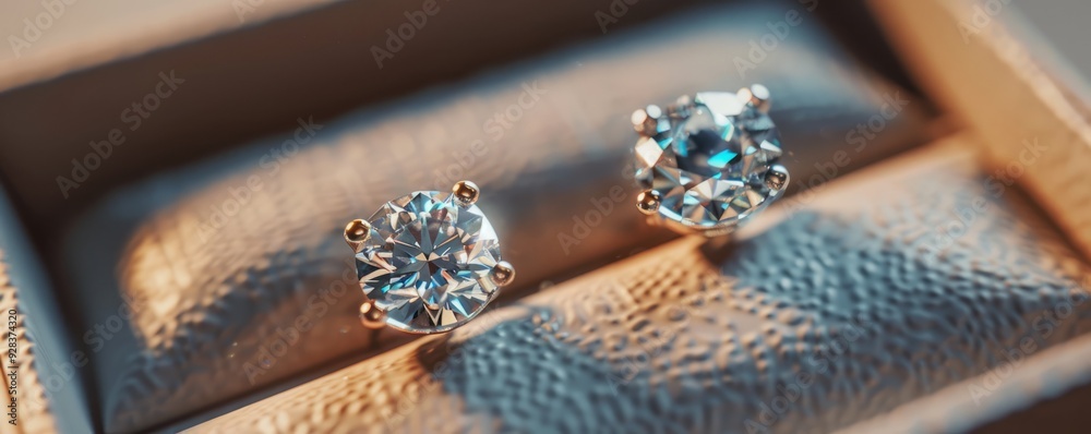 Shiny diamond earrings in a box on white background, 4K hyperrealistic photo