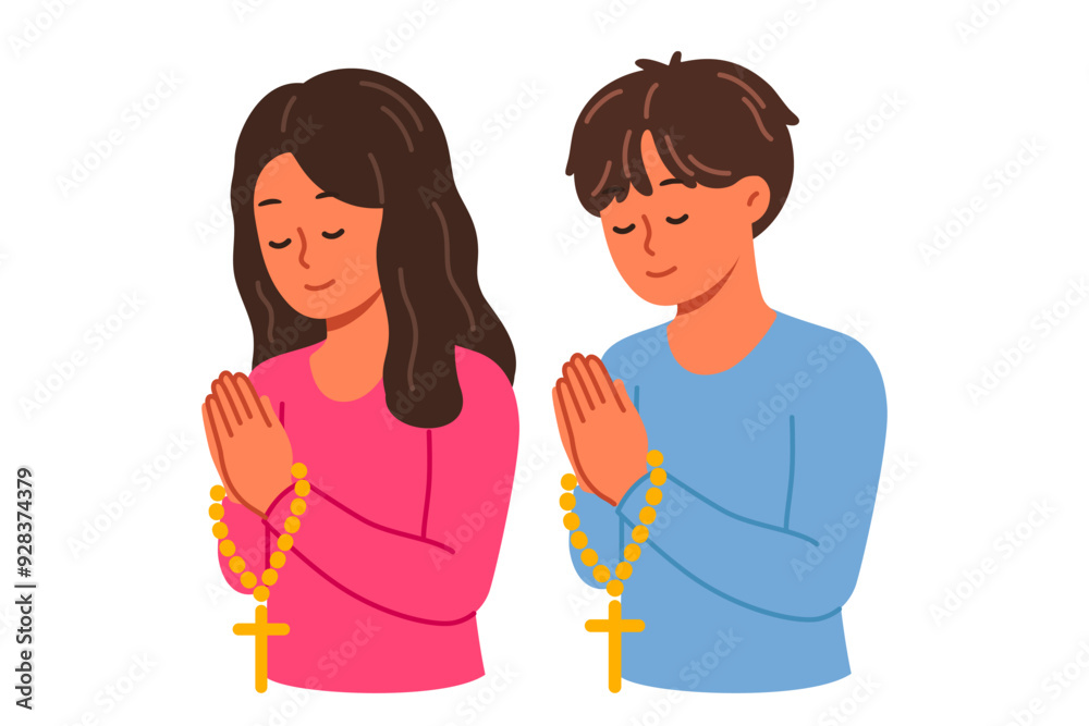 Christian children pray holding rosary with religious crosses and turning to god. Christian boy and girl from elementary school, demonstrating peace and humility before lord from bible Christian children pray holding rosary with religious crosses and turning to god. Christian boy and girl from elementary school, demonstrating peace and humility before lord from bible