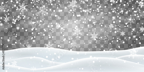 Vector heavy snowfall with snowbanks field. Christmas vector illustration. Snow flakes, snow and blizzard falling on snowdrifts. Snow landscape decoration, frozen hills isolated on png background