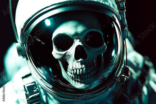 Skull inside astronaut helmet visor in outher space. photo