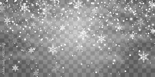Vector falling snowflakes on png background. Vector heavy snowfall. White snowflakes flying in the air. Snow flakes, snow and blizzard. Christmas snow. Vector illustration isolated on transparent