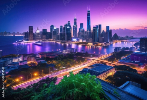 stunning vibrant city skyline twilight illuminated bright lights creating captivating urban landscape, evening, illumination, architecture, buildings