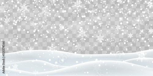 Vector heavy snowfall with snowbanks field. Christmas vector illustration. Snow flakes, snow and blizzard falling on snowdrifts. Snow landscape decoration, frozen hills isolated on png background