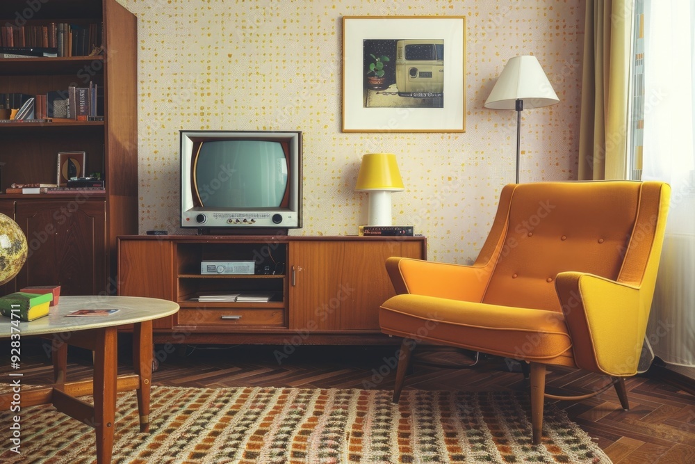 Fototapeta premium Cozy living room with yellow chair and TV, perfect for relaxation