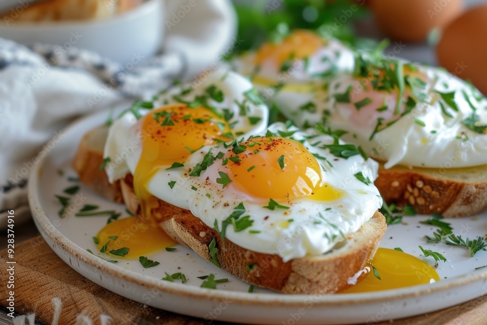 Delicious poached eggs on fresh bread herb garnish Ideal for brunch
