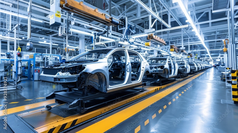 Automated vehicle assembly line in modern car factory Automated vehicle assembly line in modern car factory